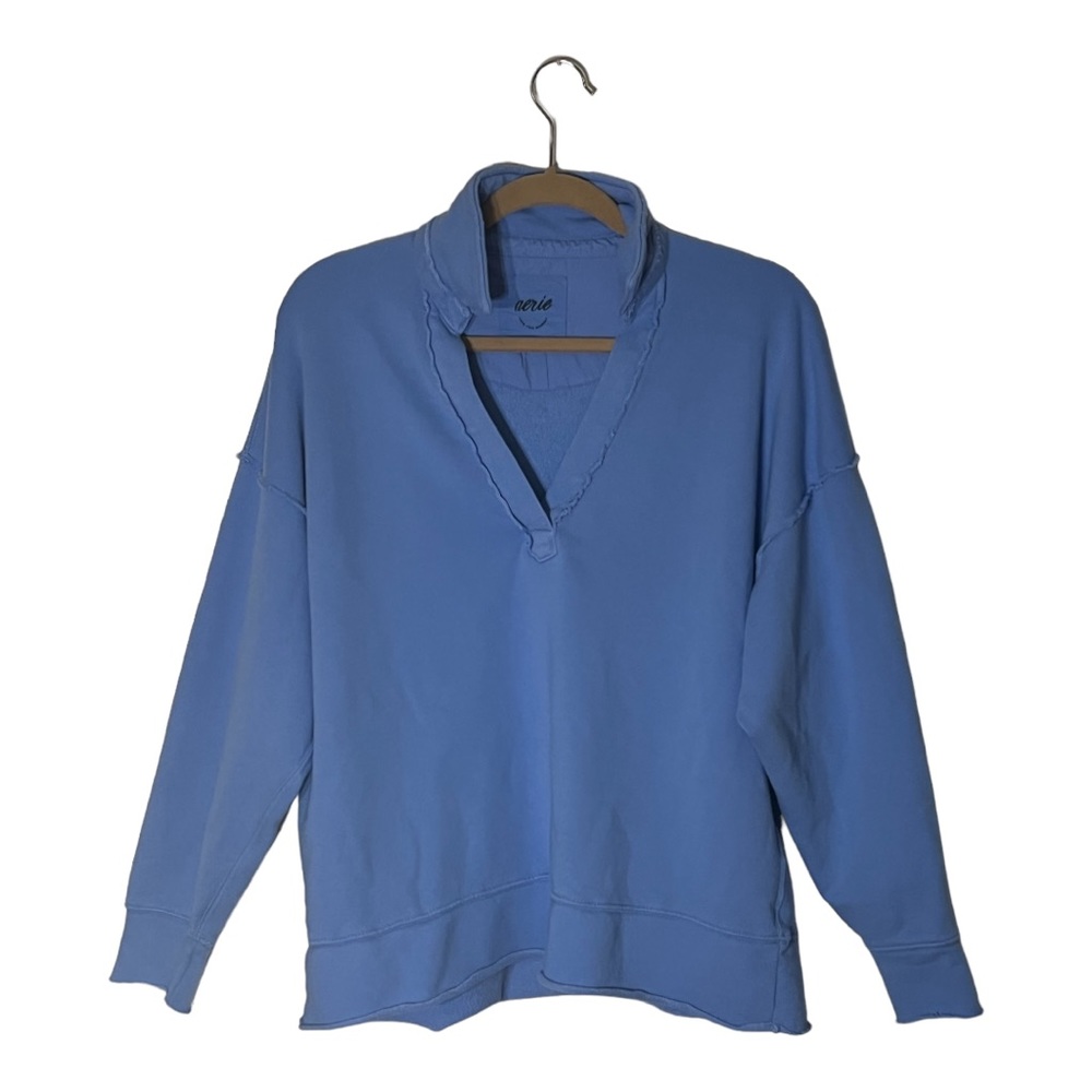 NWOT Aerie Distressed Blue Open Polo Oversized Raw Hem Sweatshirt Size Small